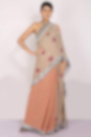 Nude & Orange Handloom Jute Cotton Hand Block Printed Concept Saree Set by Anita kanwal studio
