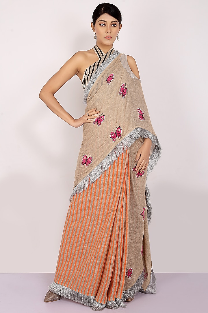 Nude & Orange Handloom Jute Cotton Hand Block Printed Concept Saree Set by Anita kanwal studio