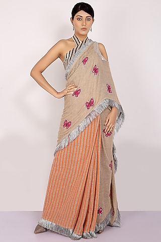 Nude & Orange Handloom Jute Cotton Hand Block Printed Concept Saree Set by Anita kanwal studio