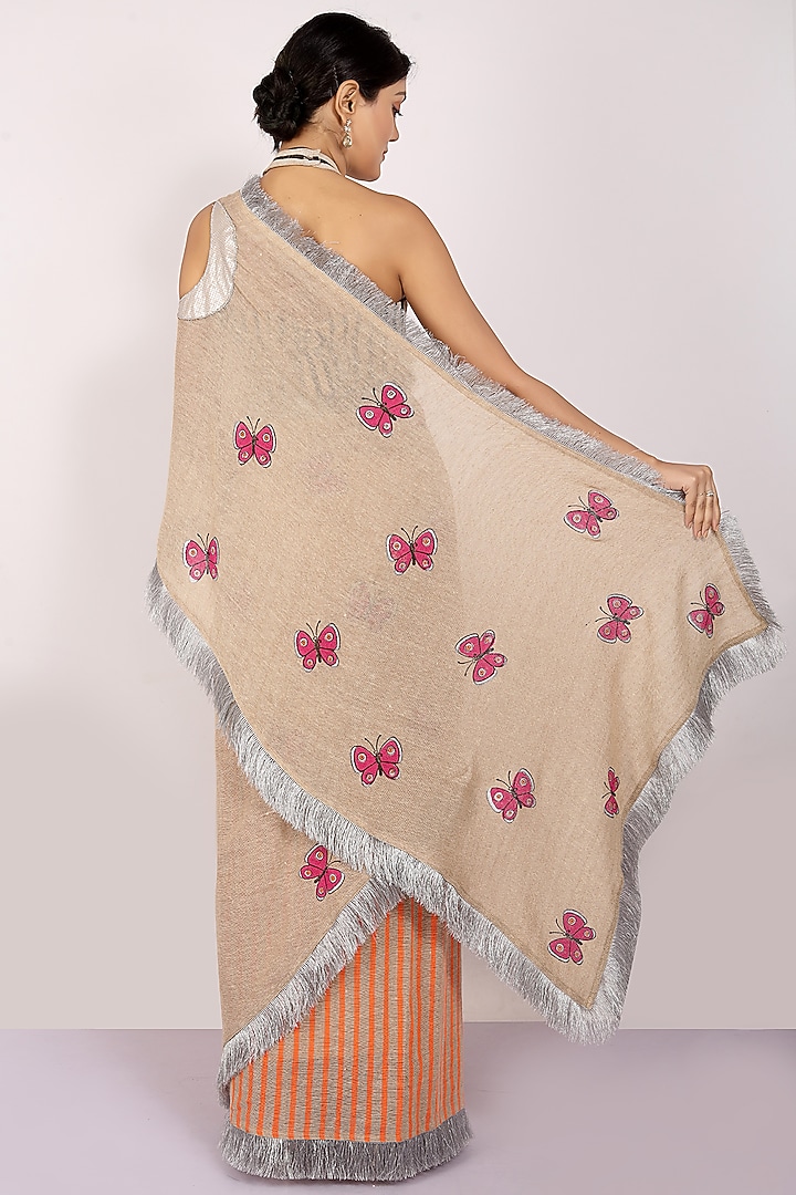 Nude & Orange Handloom Jute Cotton Hand Block Printed Concept Festive Saree Set by Anita kanwal studio at Pernia's Pop Up Shop
