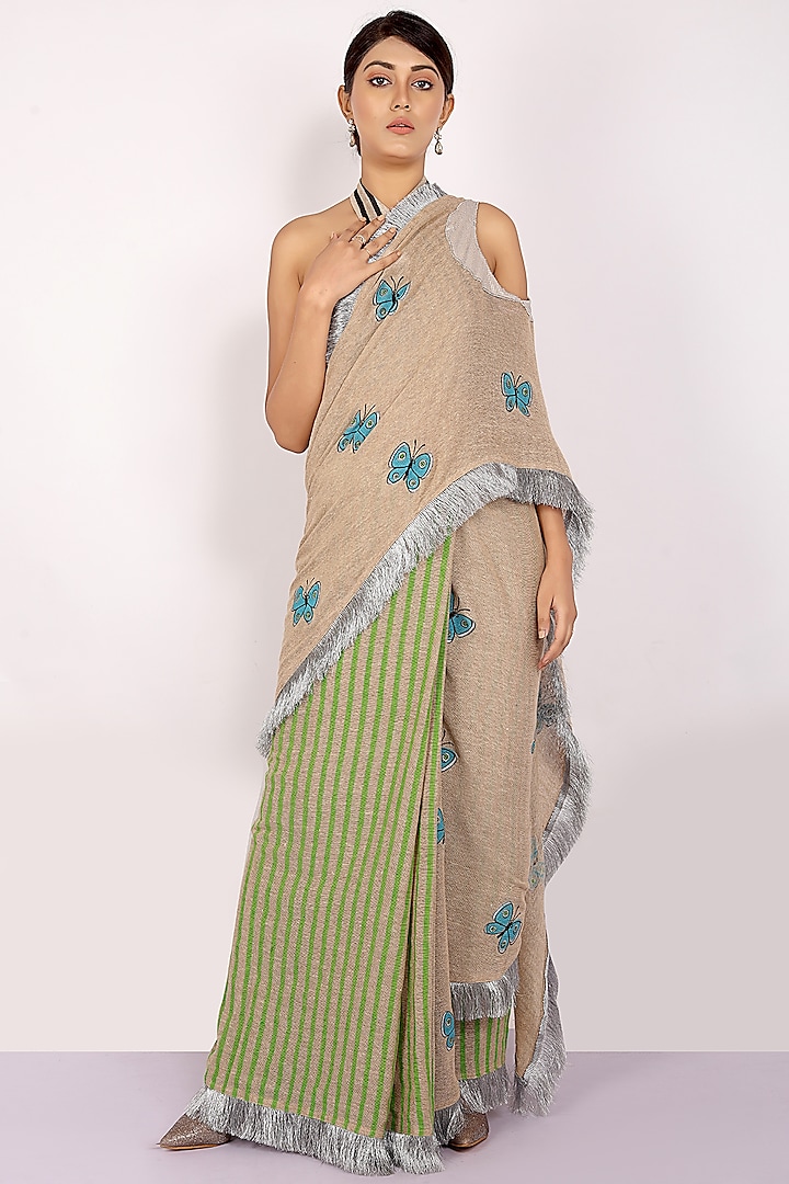 Nude & Green Handloom Jute Cotton Hand Block Printed Concept Saree Set by Anita kanwal studio