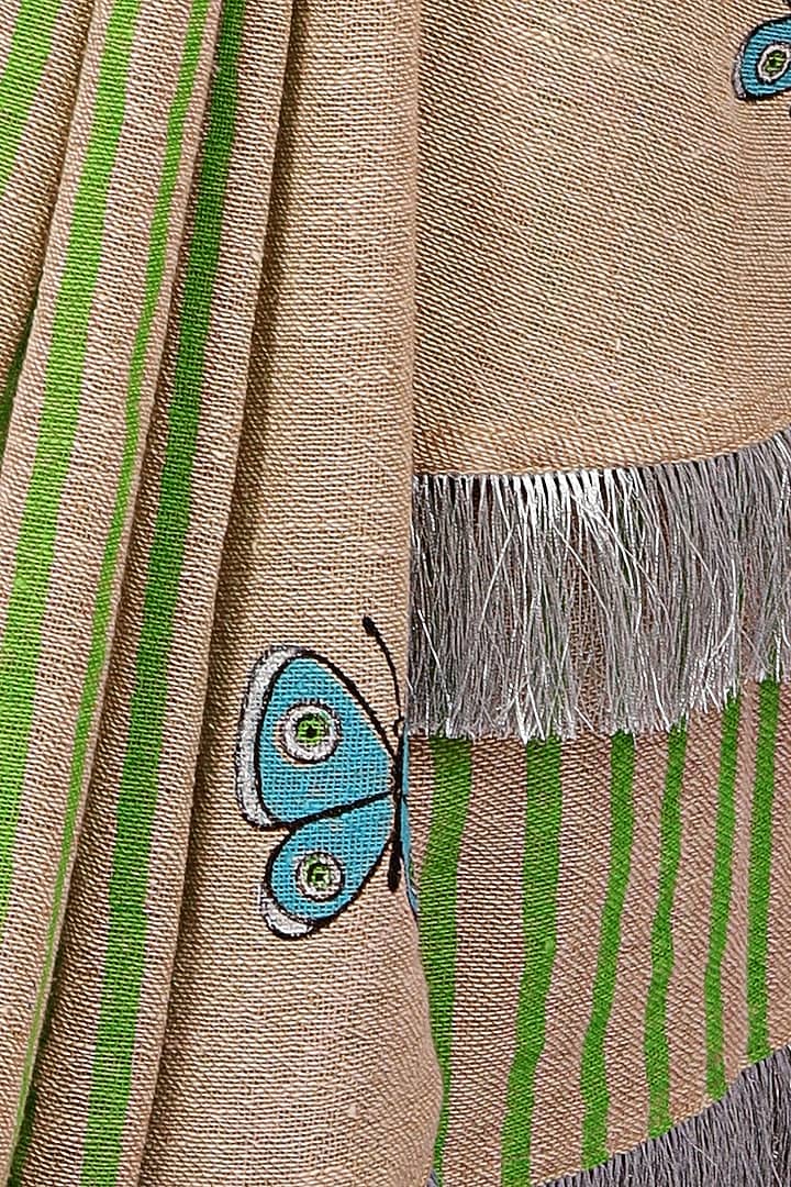 Nude & Green Handloom Jute Cotton Hand Block Printed Concept Festive Saree Set by Anita kanwal studio at Pernia's Pop Up Shop