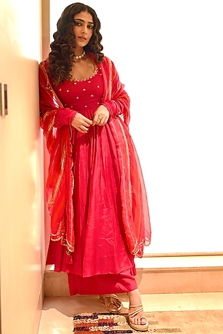 Hot Pink Hand Embroidered Kalidar Anarkali Set by Paulmi & Harsh