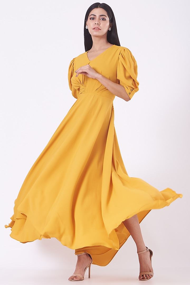 Yellow Draped Gown by Aakaar