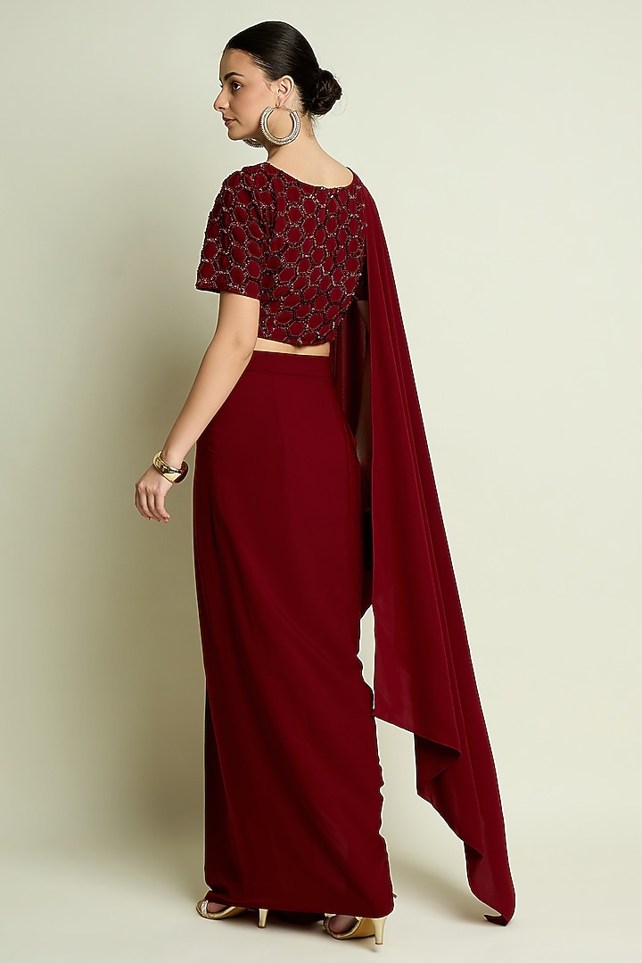 Maroon Moss Crepe Pre-Draped Skirt Party Wear Saree Set by Aakaar at Pernia's Pop Up Shop