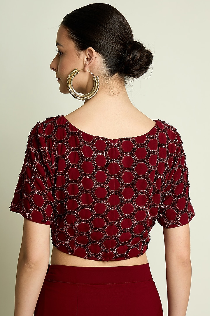 Maroon Moss Crepe Crystal Embroidered Blouse by Aakaar at Pernia's Pop Up Shop