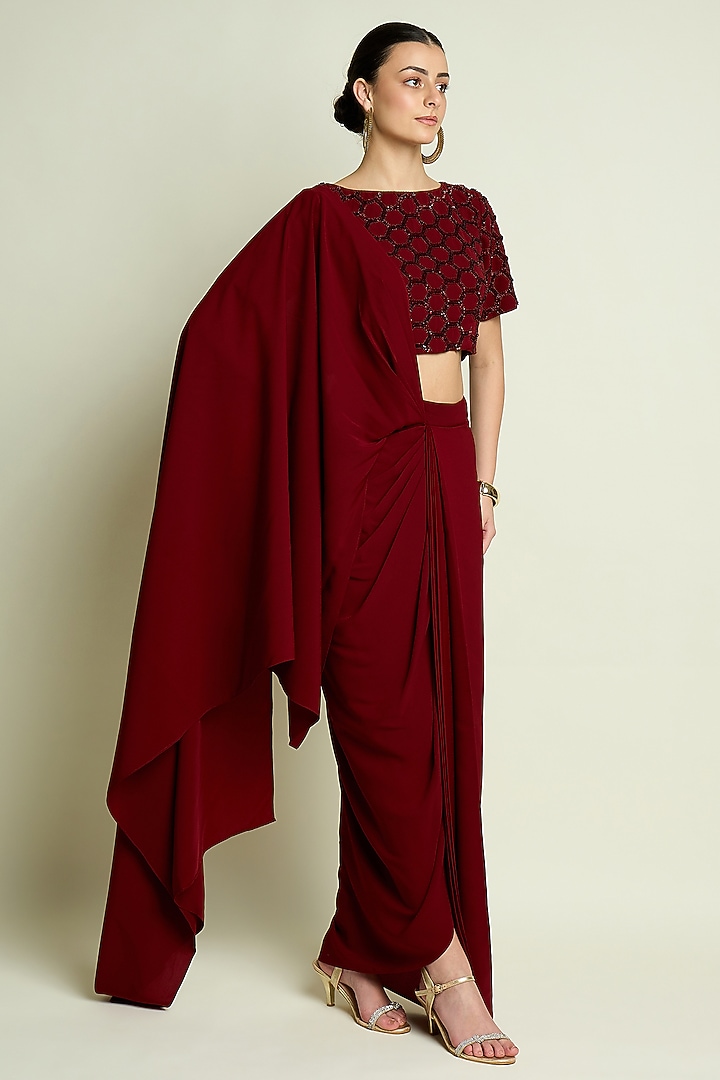 Maroon Moss Crepe Pre-Draped Skirt Party Wear Saree Set by Aakaar at Pernia's Pop Up Shop