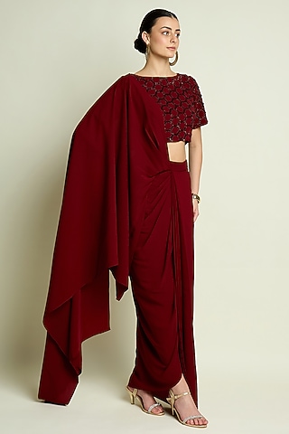 Maroon Moss Crepe Pre-Draped Skirt Saree Set by Aakaar