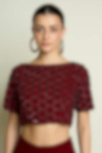 Maroon Moss Crepe Crystal Embroidered Blouse by Aakaar at Pernia's Pop Up Shop