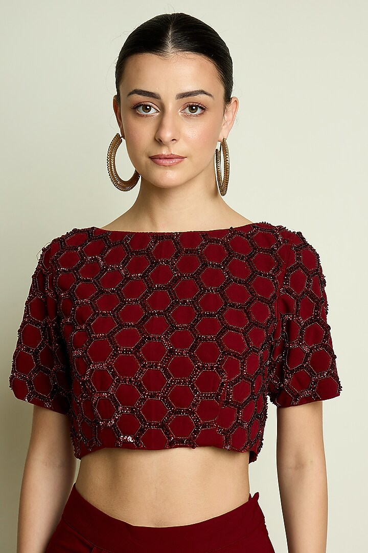 Maroon Moss Crepe Crystal Embroidered Blouse by Aakaar at Pernia's Pop Up Shop