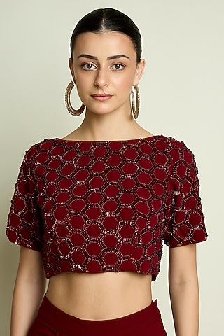 Maroon Moss Crepe Crystal Embroidered Blouse by Aakaar