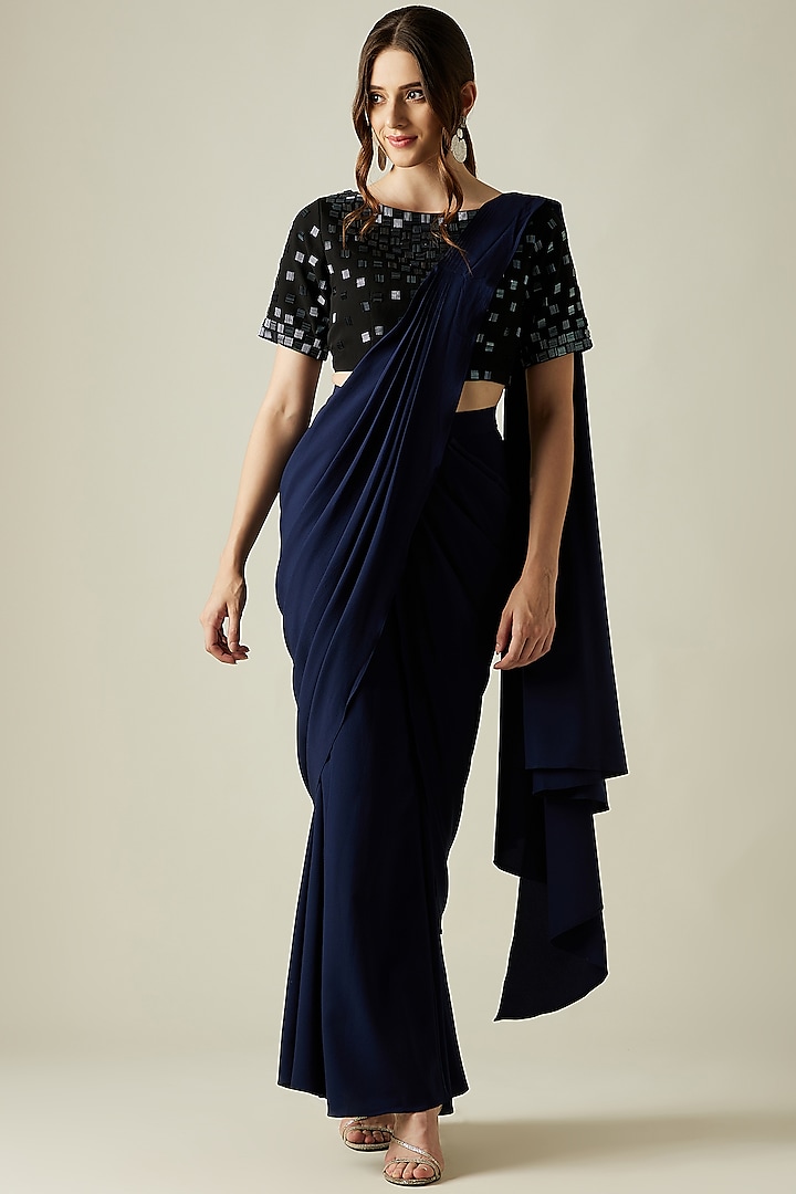 Midnight Blue Embellished Pant Saree Set by Aakar