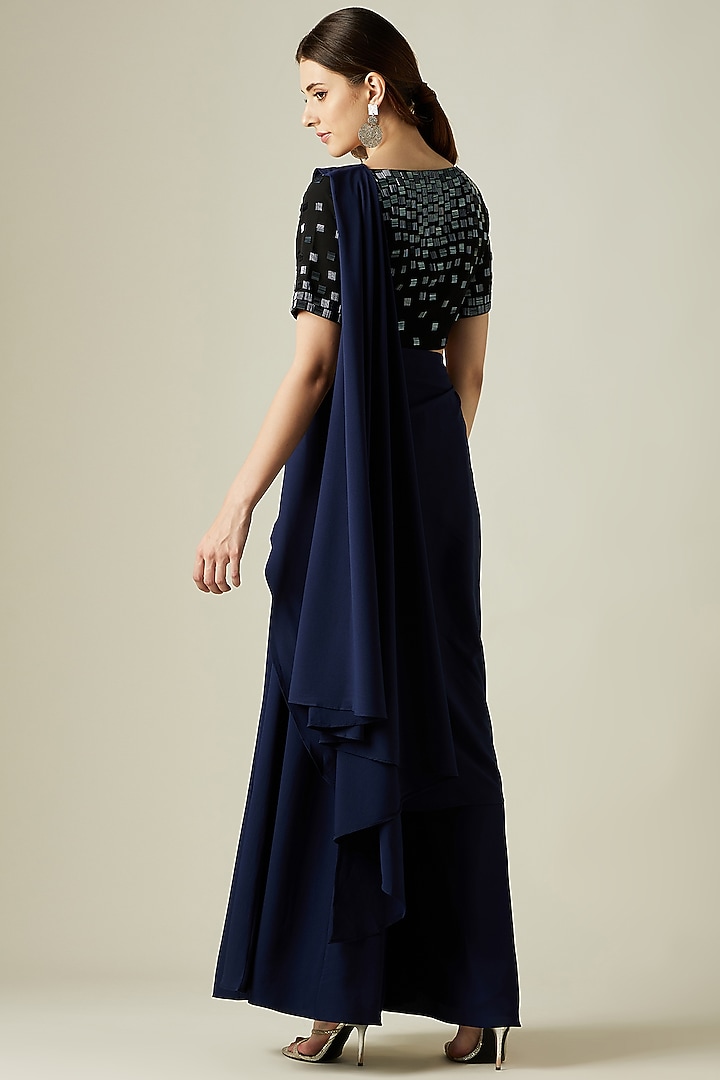 Midnight Blue Embellished Pant Party Wear Saree Set by Aakar at Pernia's Pop Up Shop
