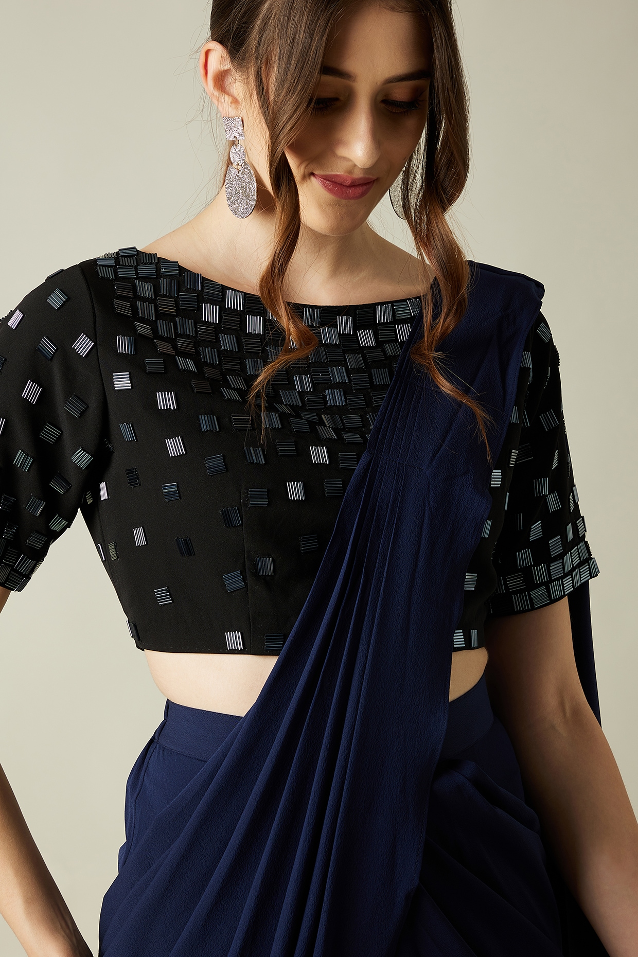Readymade Silk Padded Back Open Elbow Sleeves Navy-Blue Saree Blouse –  ShopBollyWear.Com