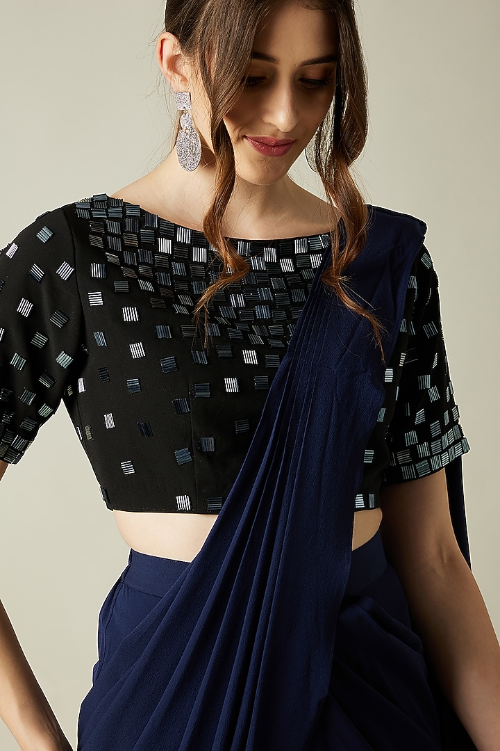 Midnight Blue Embellished Pant Party Wear Saree Set by Aakar at Pernia's Pop Up Shop