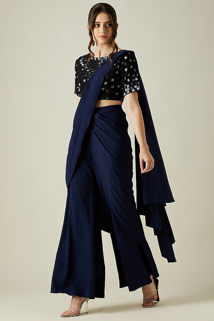 Midnight Blue Embellished Pant Party Wear Saree Set by Aakar at Pernia's Pop Up Shop