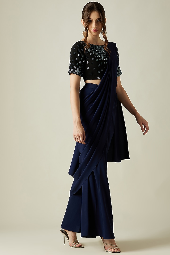 Midnight Blue Embellished Pant Party Wear Saree Set by Aakar at Pernia's Pop Up Shop