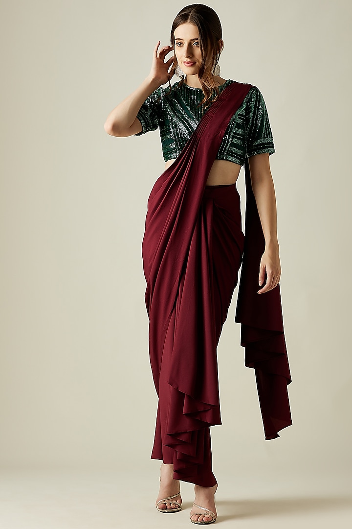 Wine Crepe Cowl Saree Set by Aakar at Pernia's Pop Up Shop