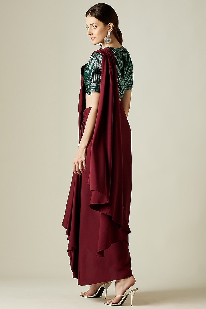 Wine Crepe Cowl Party Wear Saree Set by Aakar at Pernia's Pop Up Shop