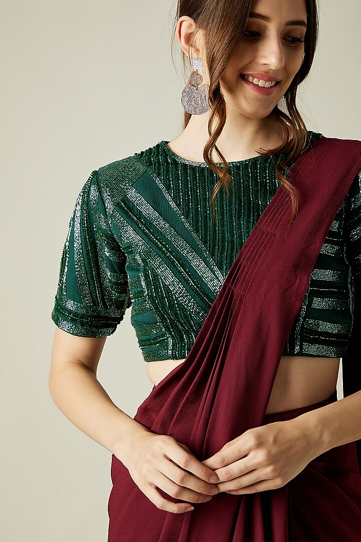 Wine Crepe Cowl Party Wear Saree Set by Aakar at Pernia's Pop Up Shop