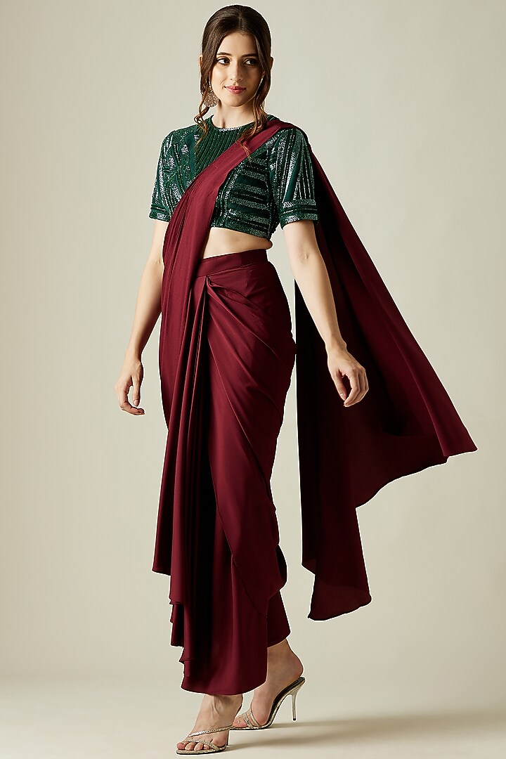Wine Crepe Cowl Party Wear Saree Set by Aakar at Pernia's Pop Up Shop