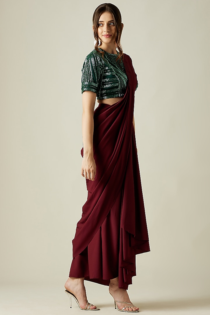 Wine Crepe Cowl Party Wear Saree Set by Aakar at Pernia's Pop Up Shop