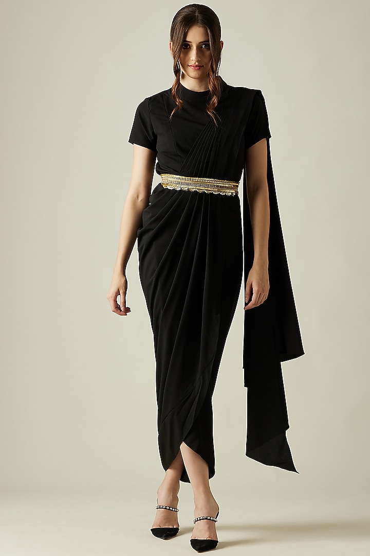 Black Embellished Gown Saree by Aakar