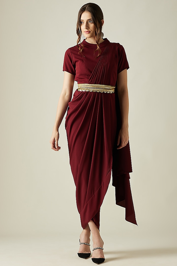 Wine Embroidered Gown Saree by Aakar