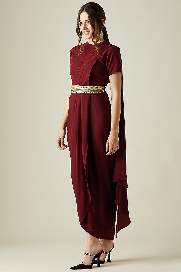 Wine Embroidered Festive Gown Saree by Aakar at Pernia's Pop Up Shop