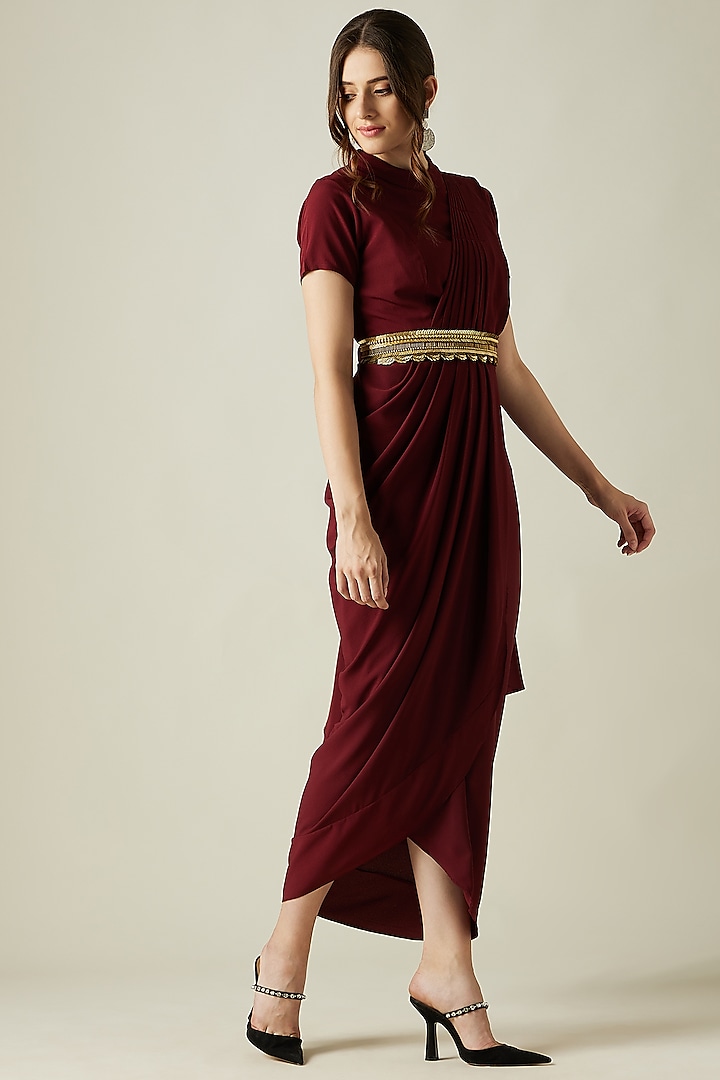 Wine Embroidered Festive Gown Saree by Aakar at Pernia's Pop Up Shop