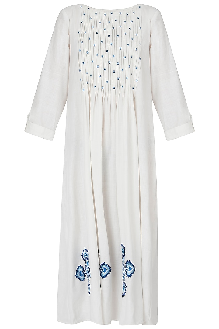 White embroidered pin tuck dress by Akashi