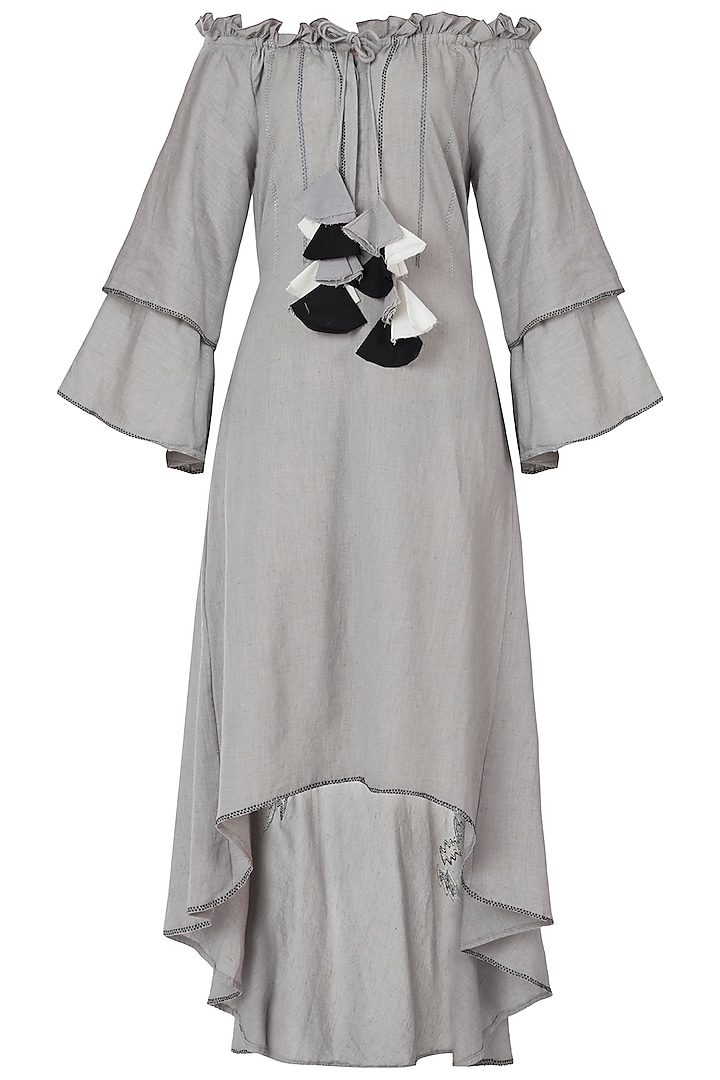 Grey embroidered off shoulder dress by Akashi
