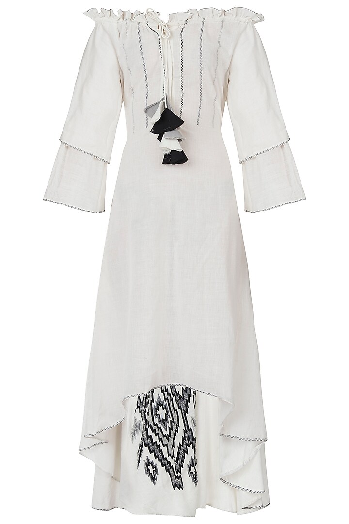White embroidered off shoulder dress by Akashi