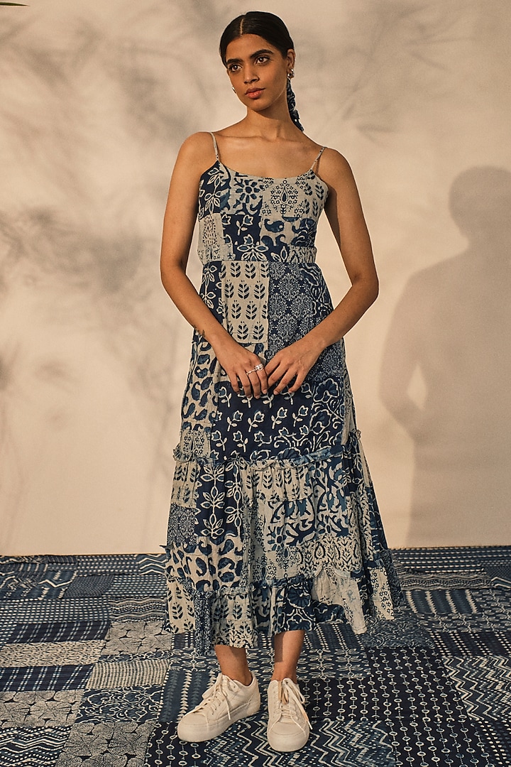 Blue Cotton Patch Printed Strappy Dress by Akashi