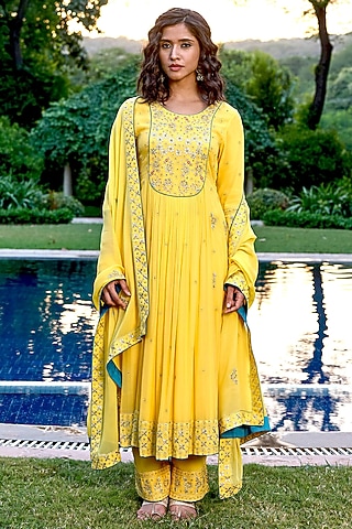 Yellow Pure Georgette Gota Patti Hand Embroidered Kalidar Kurta Set by Bbaawri