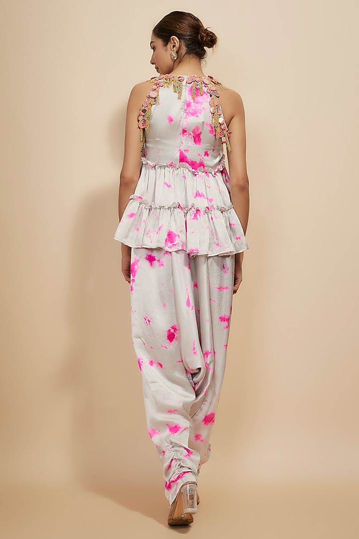 Ivory & Pink Pure Satin Silk Tie-Dye Co-Ord Set by Akanksha Gajria at Pernia's Pop Up Shop