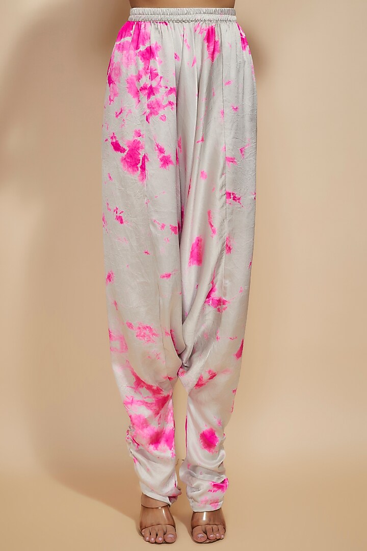 Ivory & Pink Pure Satin Silk Tie-Dye Co-Ord Set by Akanksha Gajria at Pernia's Pop Up Shop