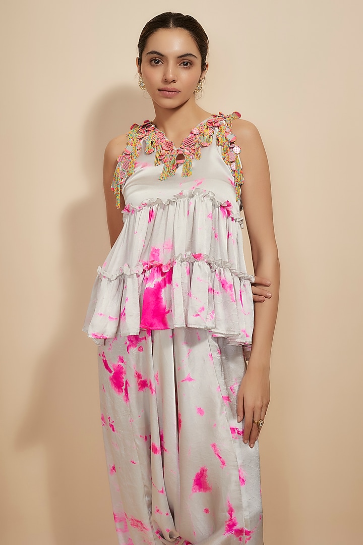 Ivory & Pink Pure Satin Silk Tie-Dye Co-Ord Set by Akanksha Gajria at Pernia's Pop Up Shop