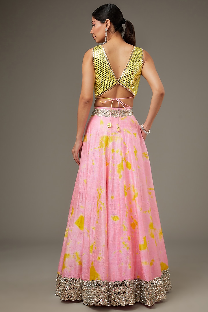 Pink Raw Silk Mirror Embroidered Tie-Dye Bridal Lehenga Set by Akanksha Gajria at Pernia's Pop Up Shop