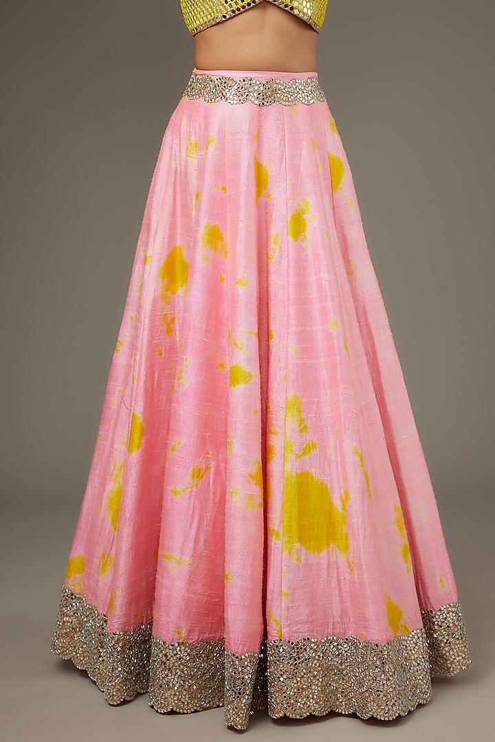 Pink Raw Silk Mirror Embroidered Tie-Dye Bridal Lehenga Set by Akanksha Gajria at Pernia's Pop Up Shop
