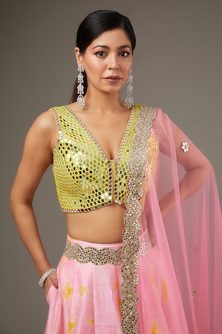 Pink Raw Silk Mirror Embroidered Tie-Dye Bridal Lehenga Set by Akanksha Gajria at Pernia's Pop Up Shop