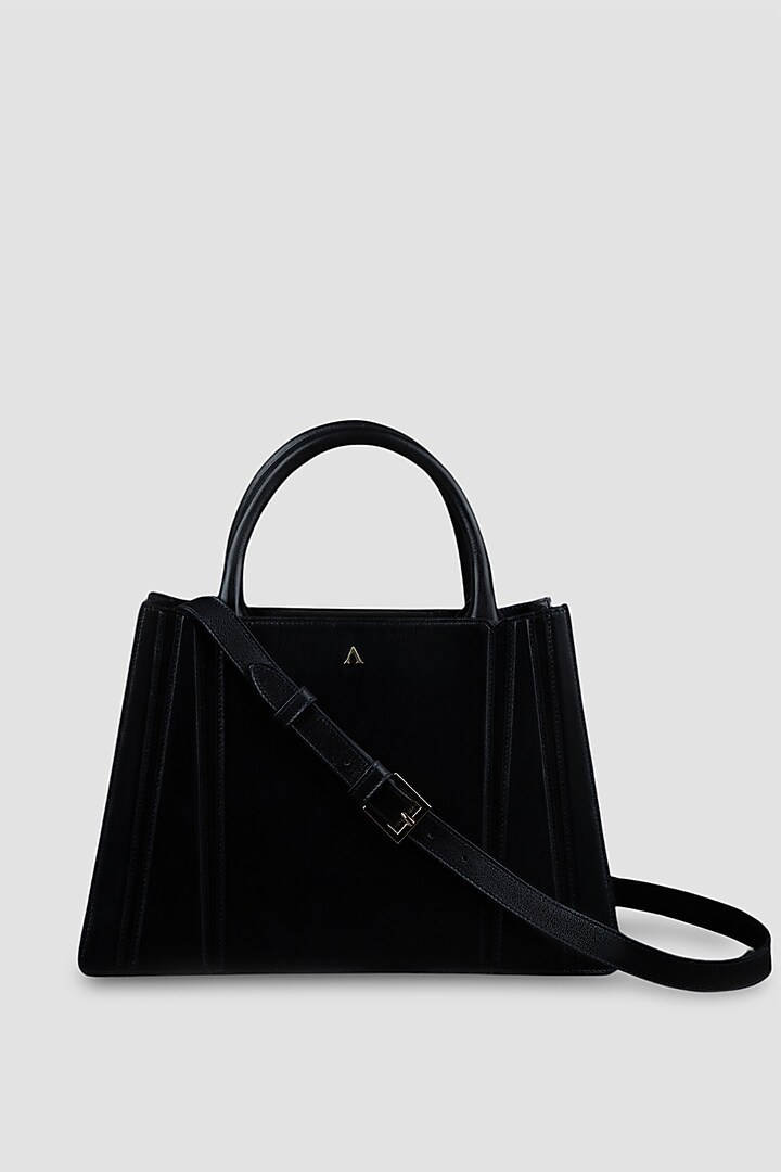 Black Genuine Leather Metallic Embellished & Gold Embossed Handbag by Akinna at Pernia's Pop Up Shop