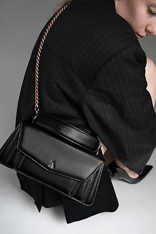 Black Genuine Leather Metallic Embellished & Gold Embossed Bag by Akinna