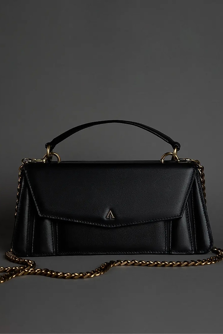 Black Genuine Leather Metallic Embellished & Gold Embossed Bag by Akinna at Pernia's Pop Up Shop