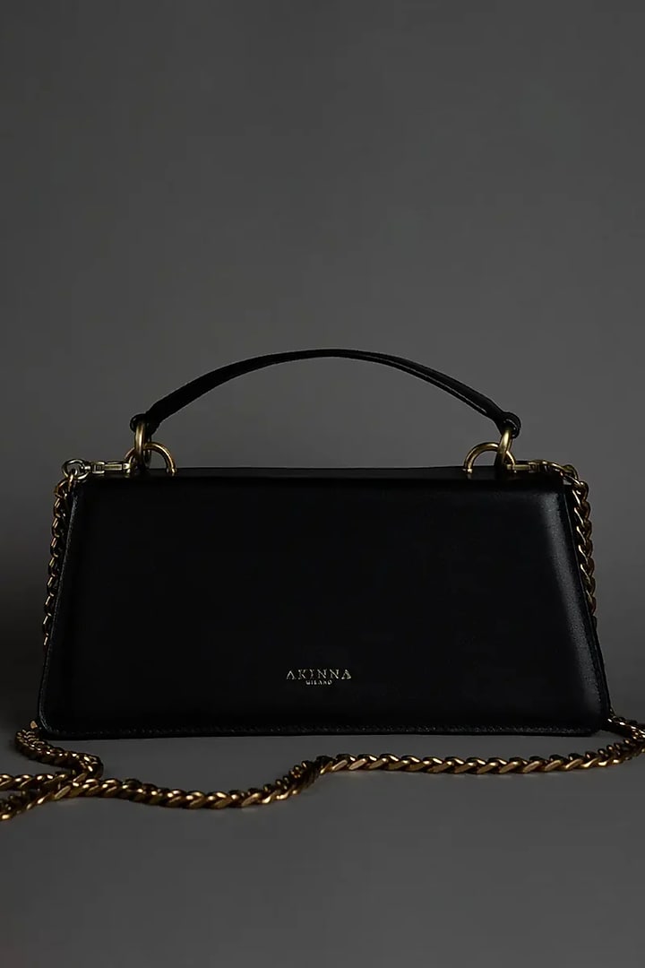 Black Genuine Leather Metallic Embellished & Gold Embossed Bag by Akinna at Pernia's Pop Up Shop