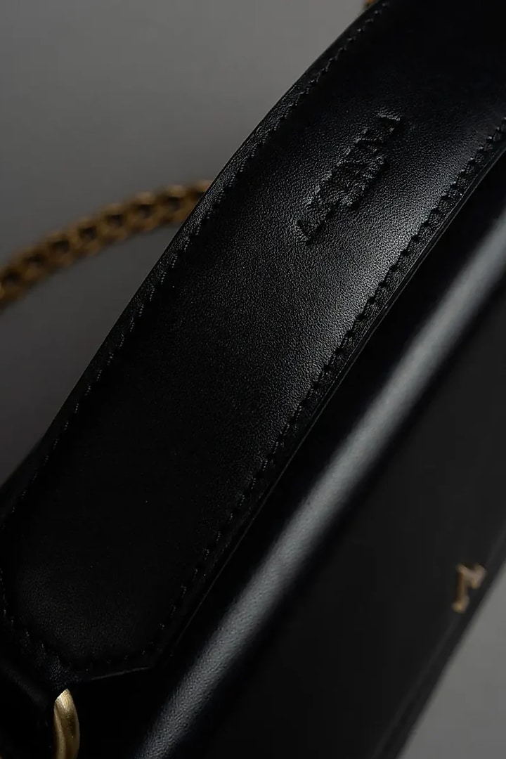 Black Genuine Leather Metallic Embellished & Gold Embossed Bag by Akinna at Pernia's Pop Up Shop