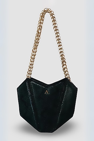 Emerald Green Genuine Leather Metallic Embellished & Gold Embossed Bag by Akinna