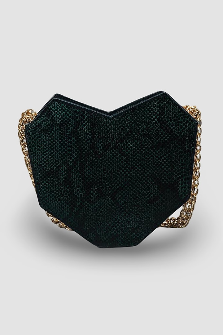 Emerald Green Genuine Leather Metallic Embellished & Gold Embossed Bag by Akinna at Pernia's Pop Up Shop