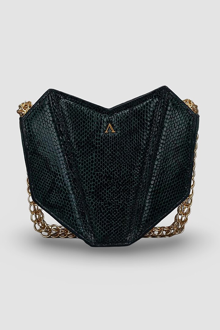 Emerald Green Genuine Leather Metallic Embellished & Gold Embossed Bag by Akinna at Pernia's Pop Up Shop