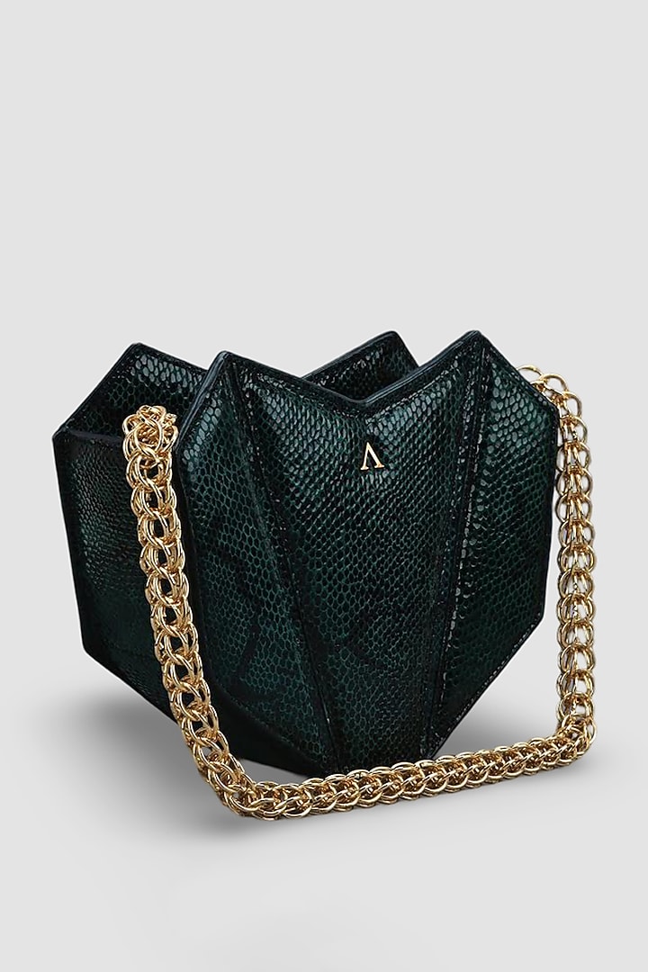 Emerald Green Genuine Leather Metallic Embellished & Gold Embossed Bag by Akinna at Pernia's Pop Up Shop